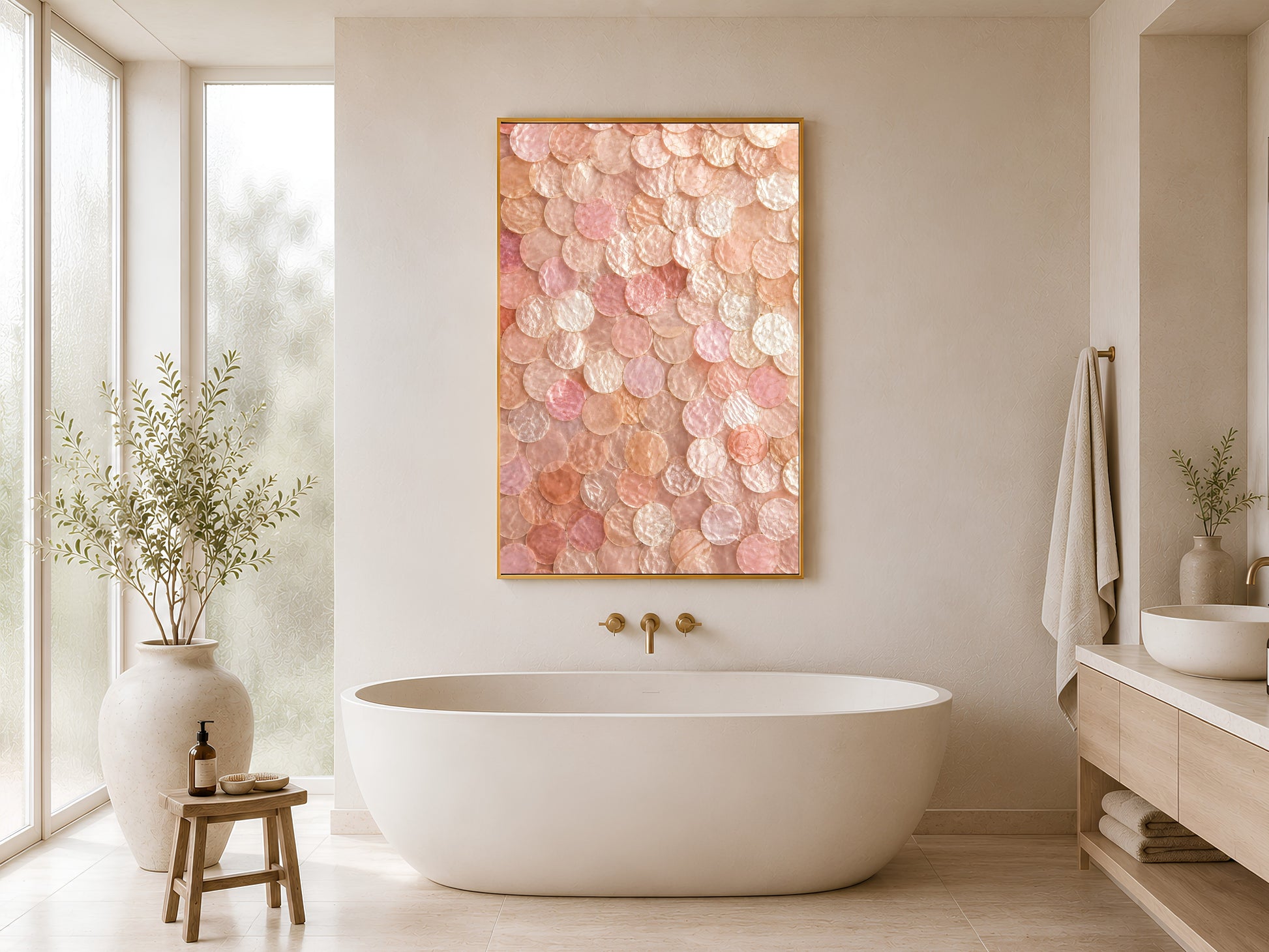 Pink coastal shell wall art printable hanging above a freestanding bathtub in a calming spa-inspired neutral bathroom interior.
