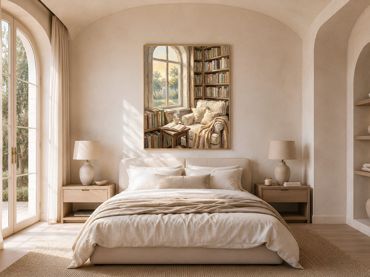 Cozy Library Nook Print, Reading Nook Wall Art - Digital Download