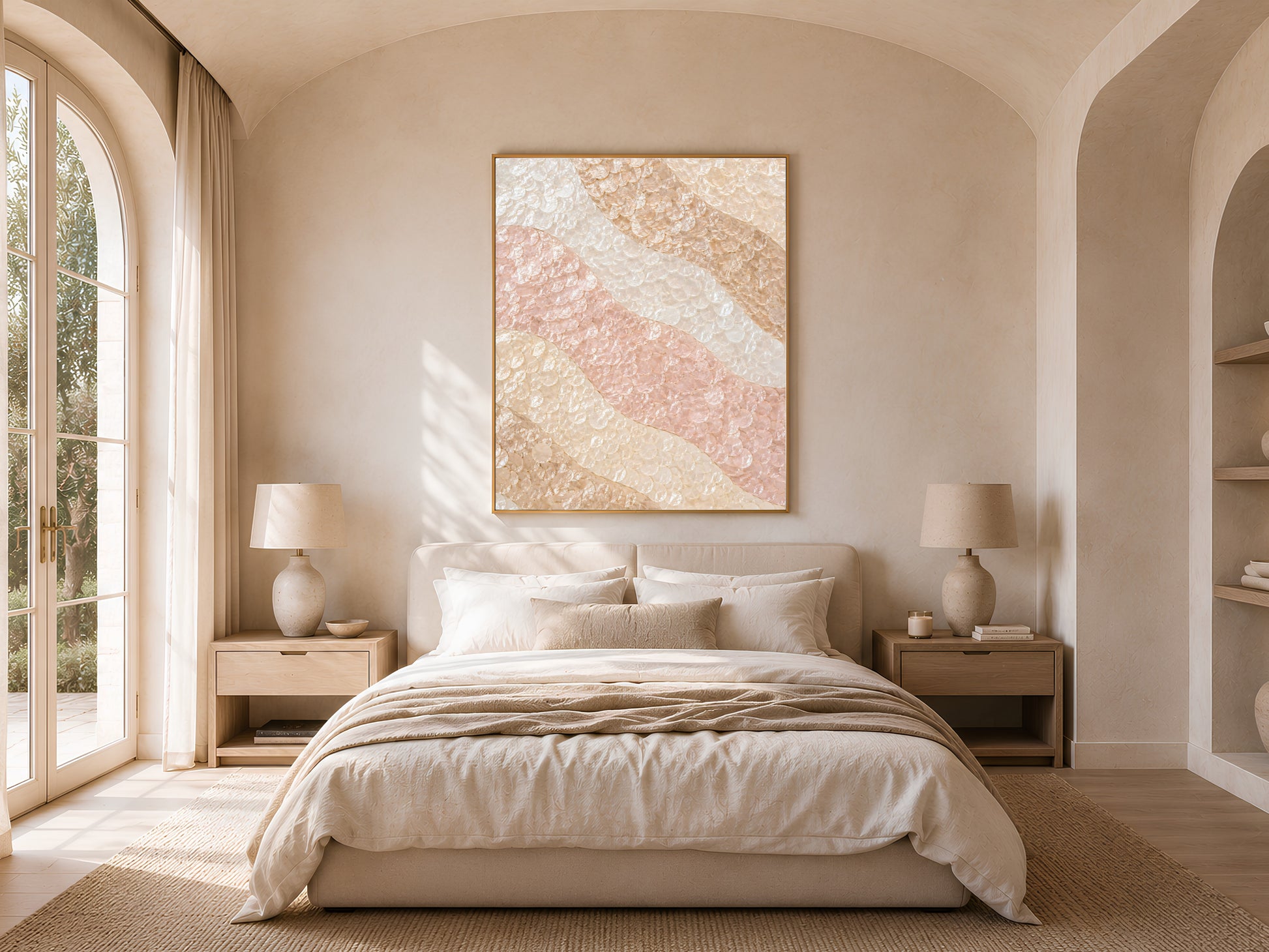 Ombre wave mosaic wall art print in a gold frame above a bed in an arched bedroom nook
