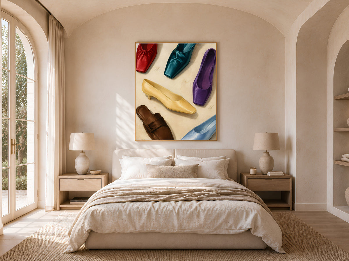 Fashion wall art framed print above bed in neutral bedroom