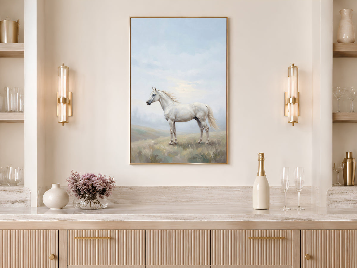 White Horse Wall Art, Misty Hills Oil Painting Print - Digital Download