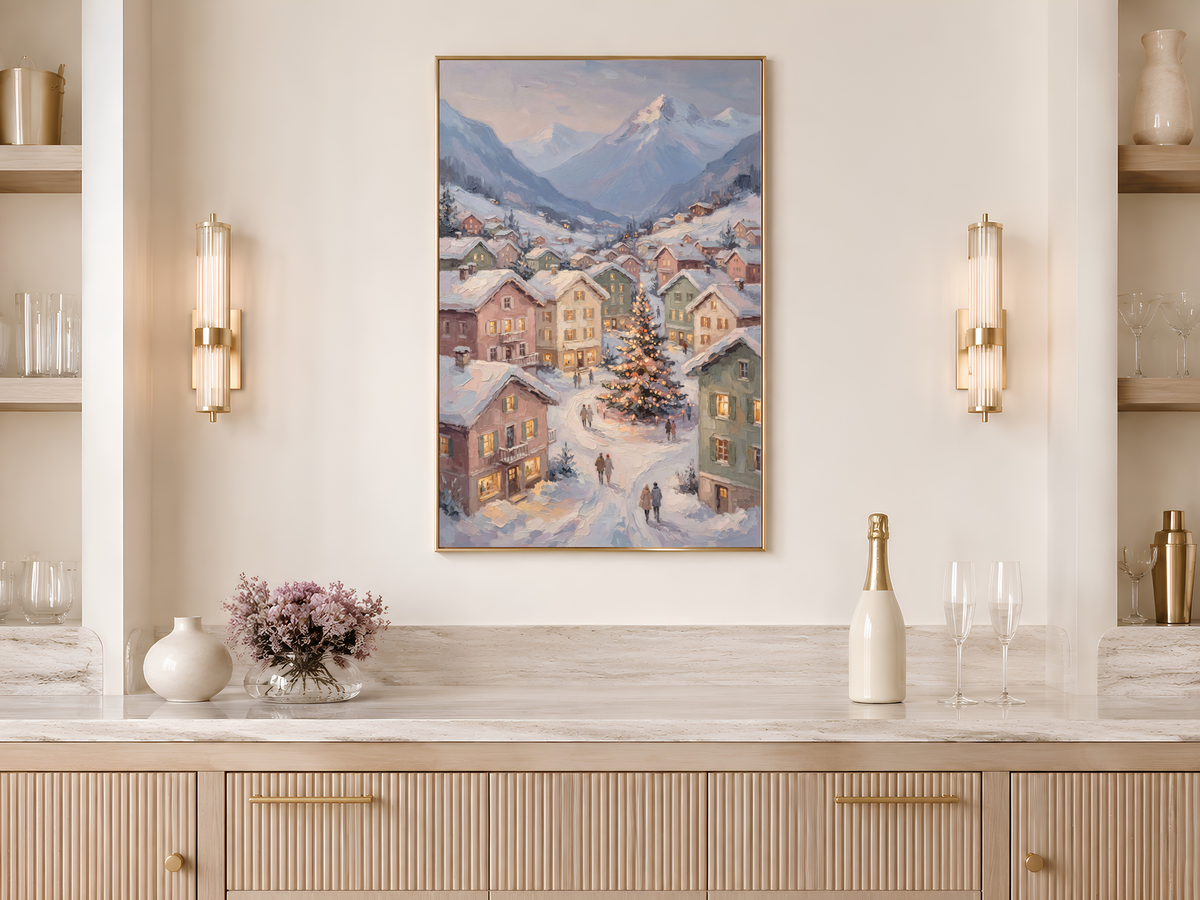 Alpine Christmas Village Wall Art, Snowy Mountain Town Print - Digital Download