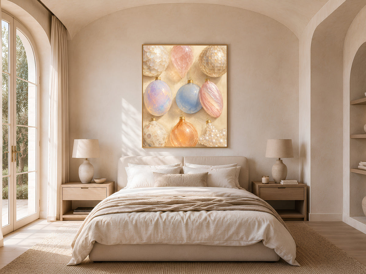 Iridescent Christmas ornament print framed above a bed in a warm arched-window bedroom