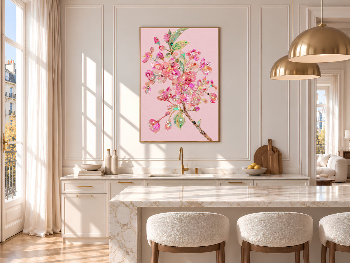 Pink Cherry Blossom Wall Art Print, Embroidery Style Floral Collage with Pearls and Sequins, Printable Coquette Decor, Digital Download
