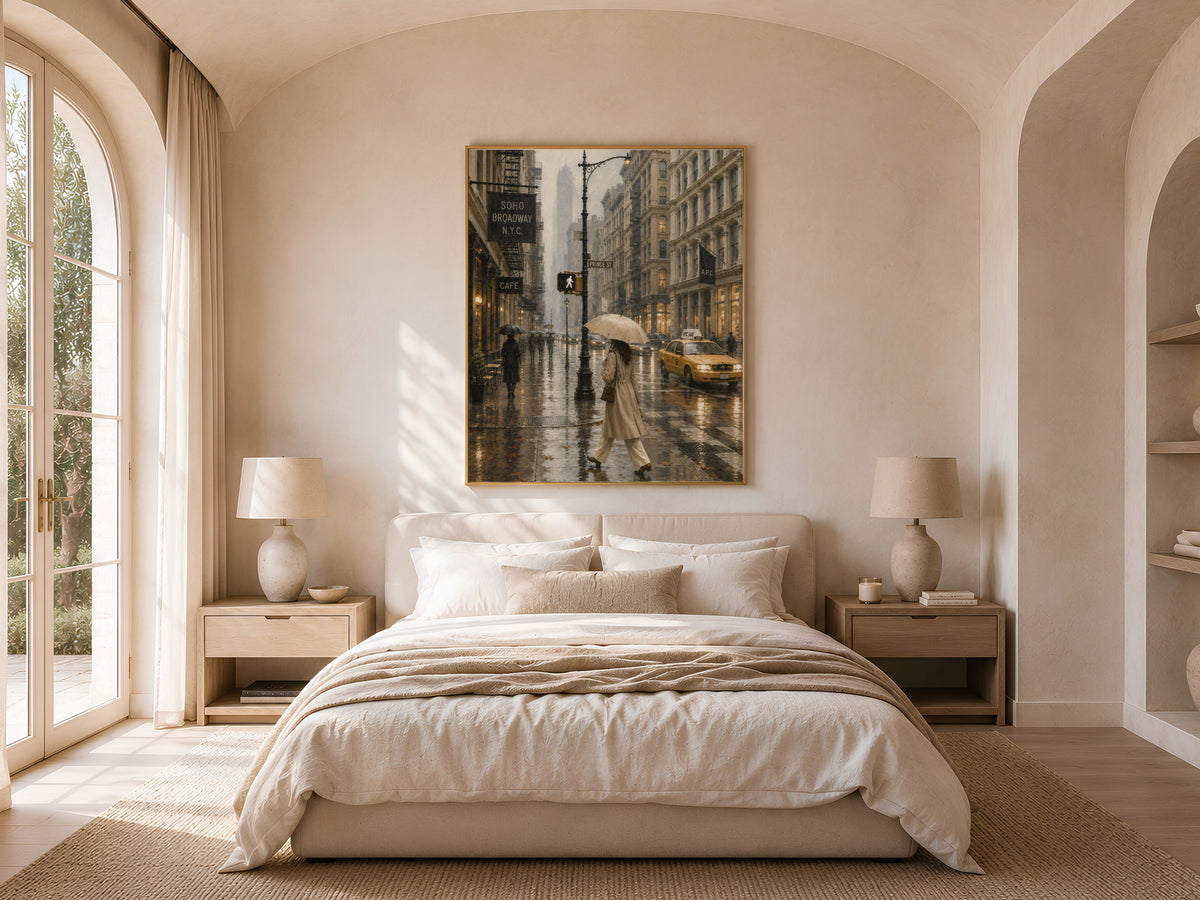 SoHo NYC wall art framed print displayed above bed in warm neutral bedroom