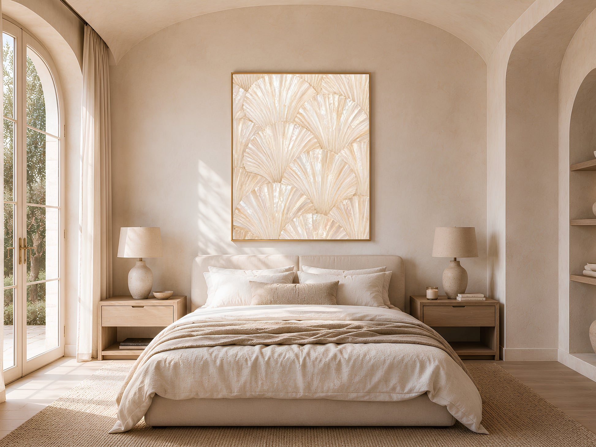 Ivory leaf wall art above bed, neutral bedroom wall decor, warm minimalist bedroom print