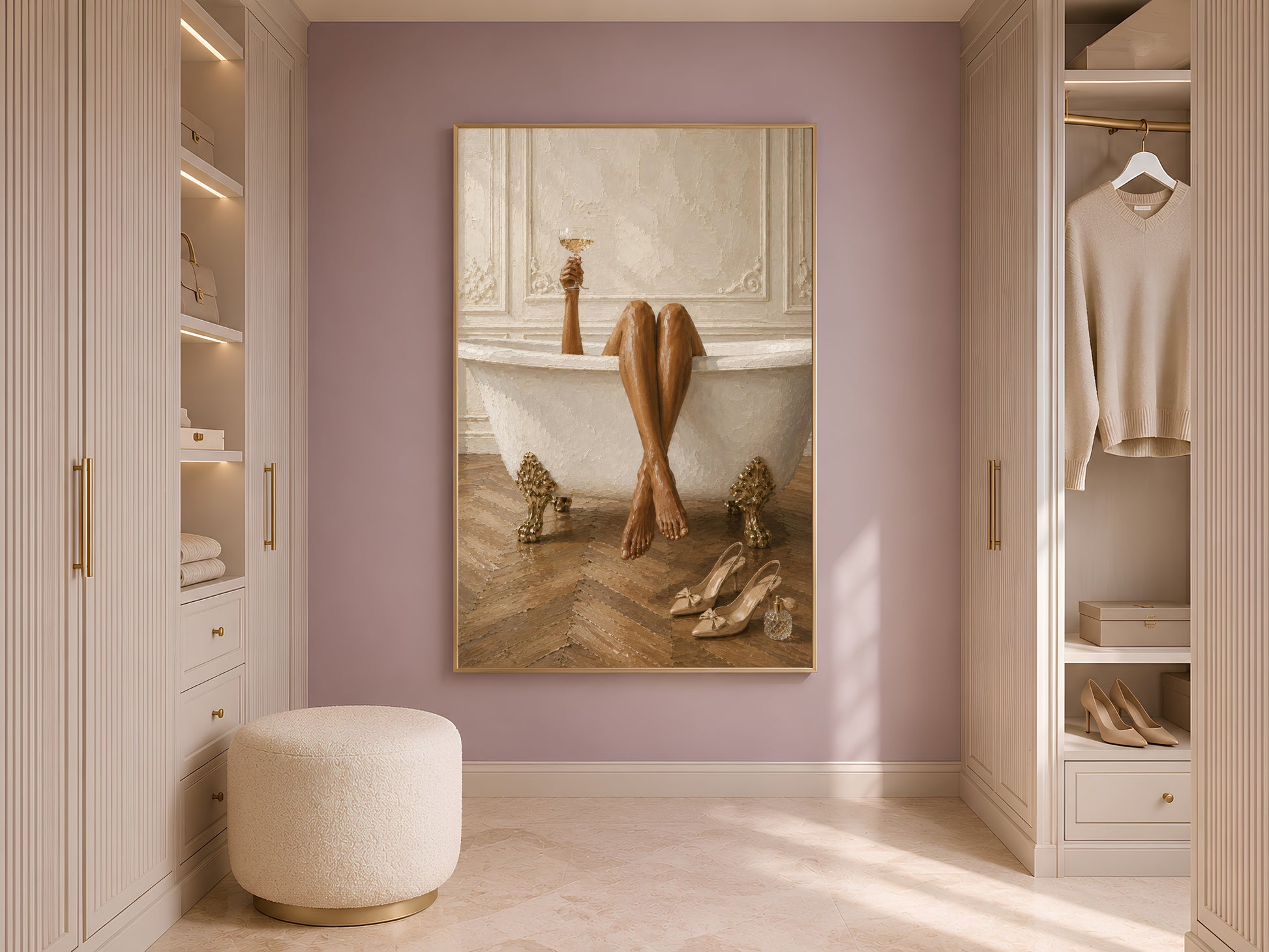 Framed clawfoot tub wall art displayed in a soft lilac walk-in closet with a round cream ottoman, hanging garments, and warm shelving