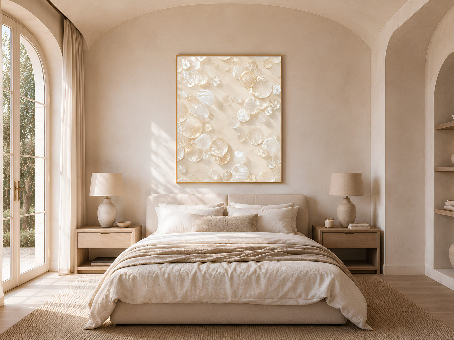 Capiz shell wall art print in a gold frame above a bed in a neutral Japandi bedroom with arched window
