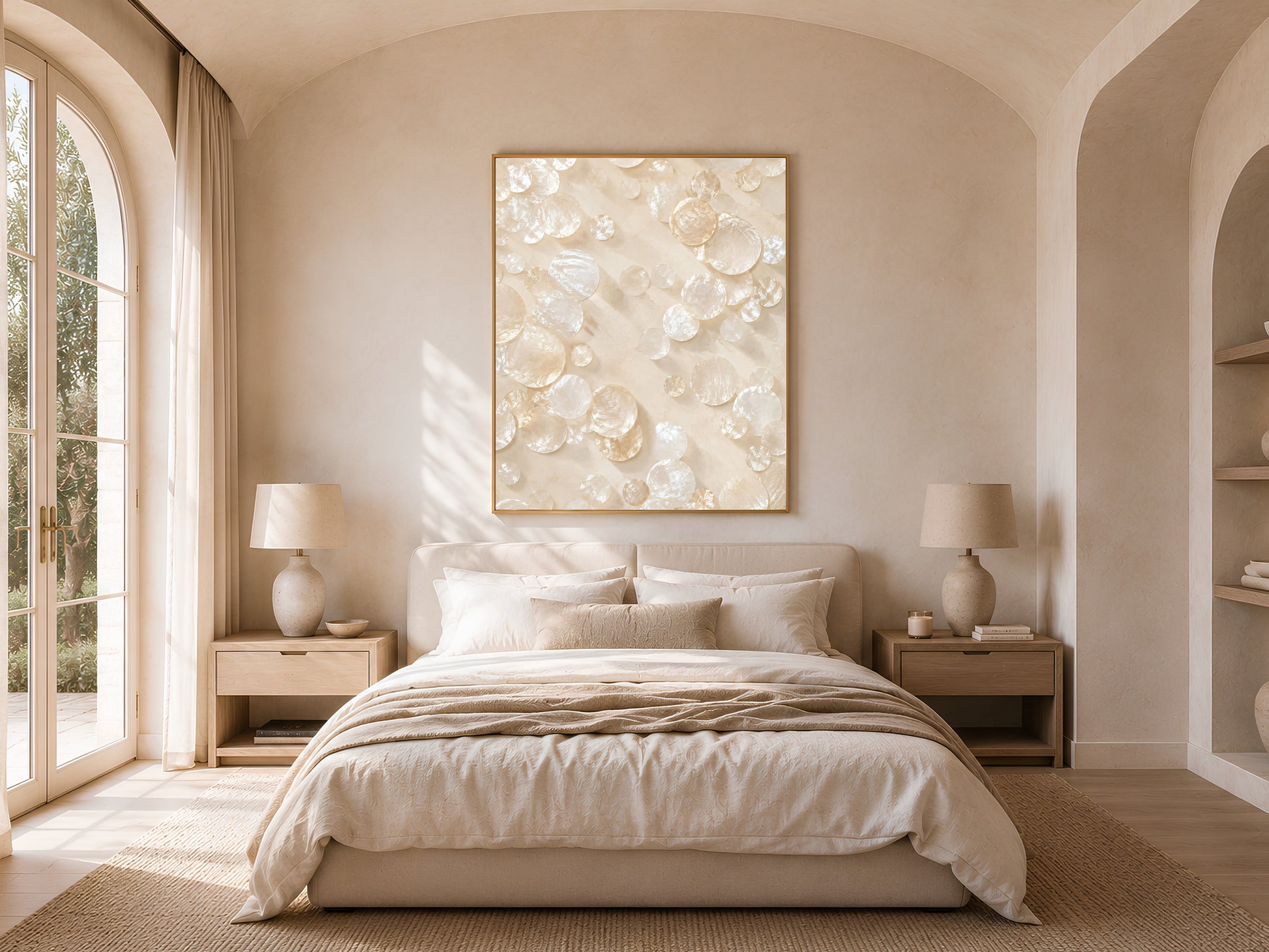 Capiz shell wall art print in a gold frame above a bed in a neutral Japandi bedroom with arched window
