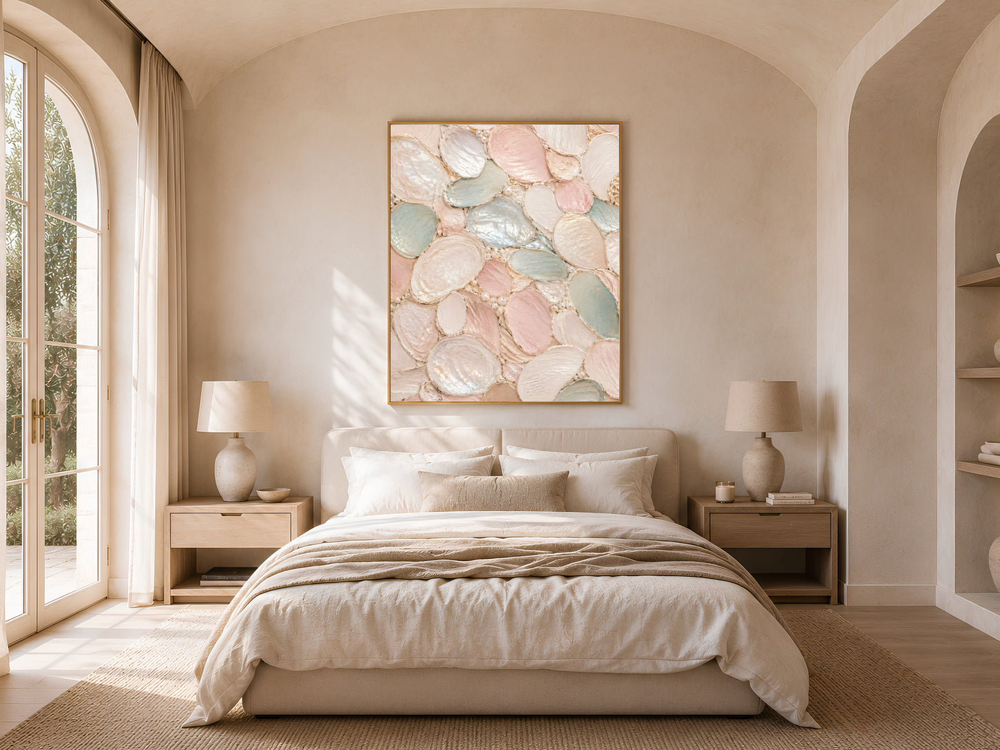 Sage green blush pink wall art above bed, coastal grandmother bedroom decor mockup