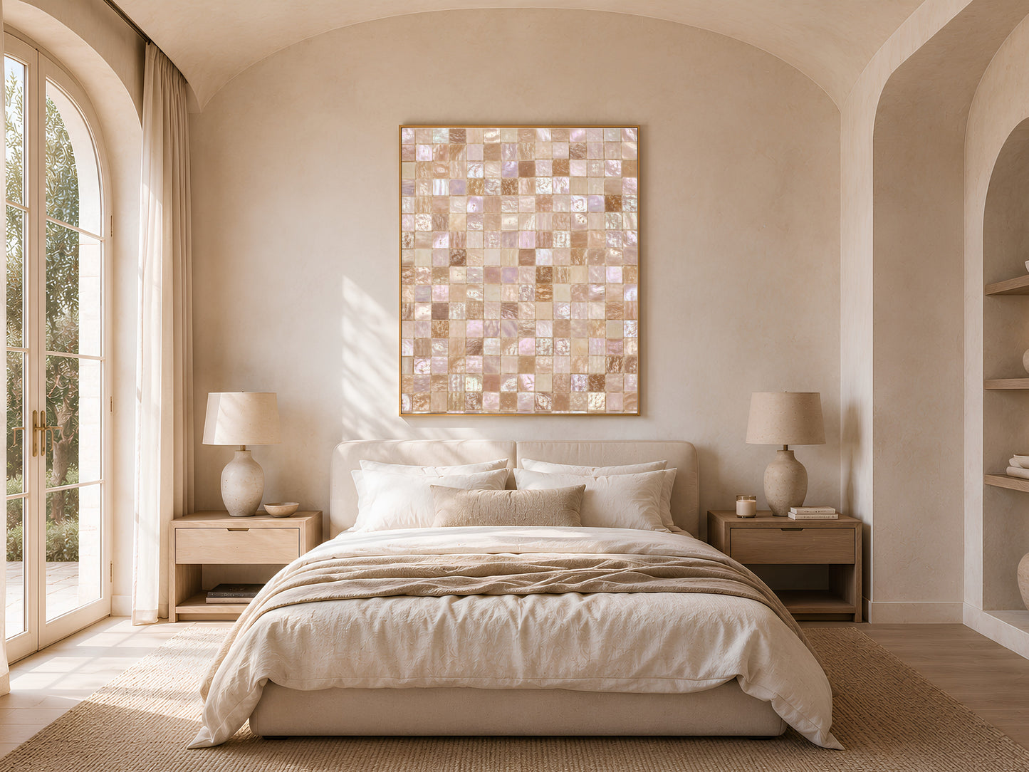Mother of pearl mosaic wall art print in a gold frame hanging above a bed in a neutral, arched-window bedroom.
