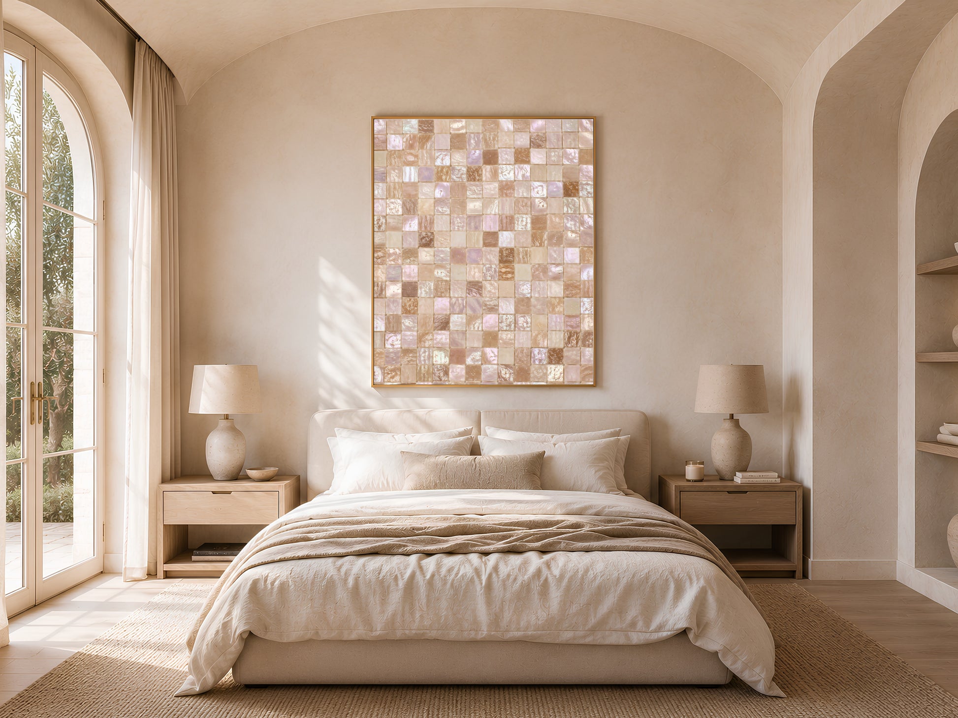 Mother of pearl mosaic wall art print in a gold frame hanging above a bed in a neutral, arched-window bedroom.
