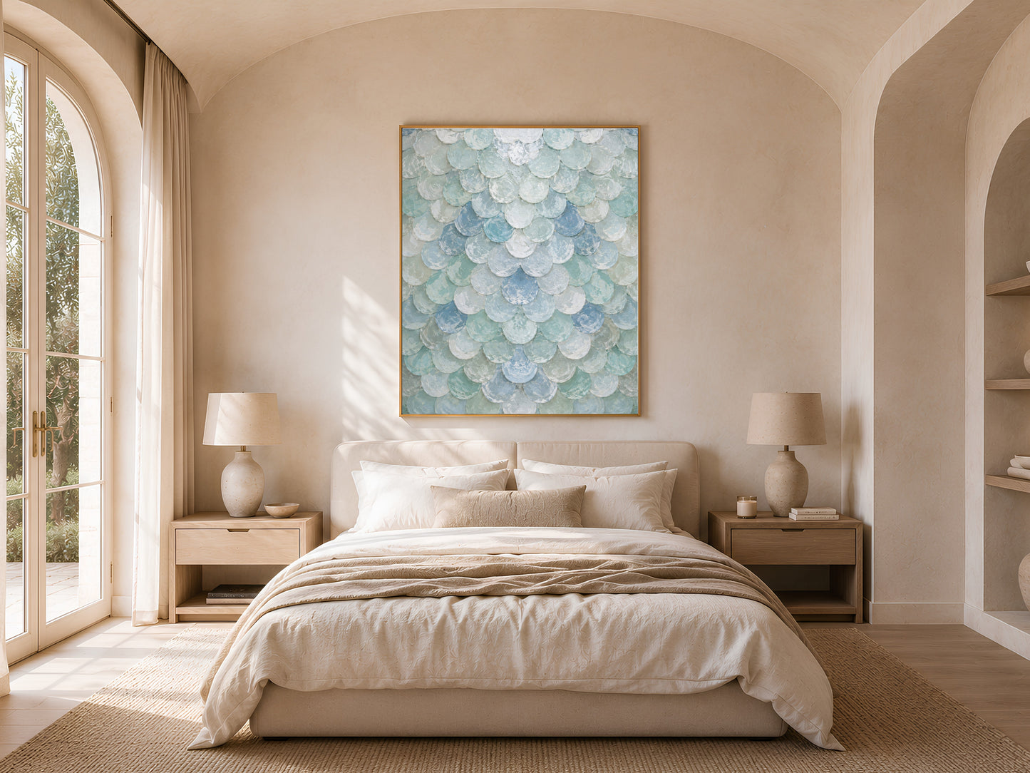 Seafoam capiz shell print above bed in warm arched bedroom with linen bedding
