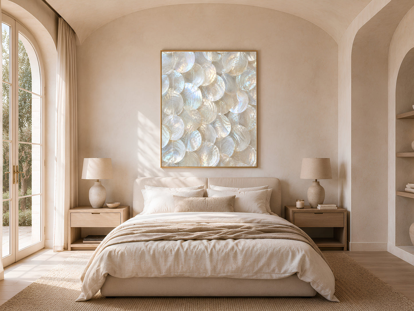 Framed iridescent capiz shell art print hanging above a bed in a neutral, arched-window bedroom.
