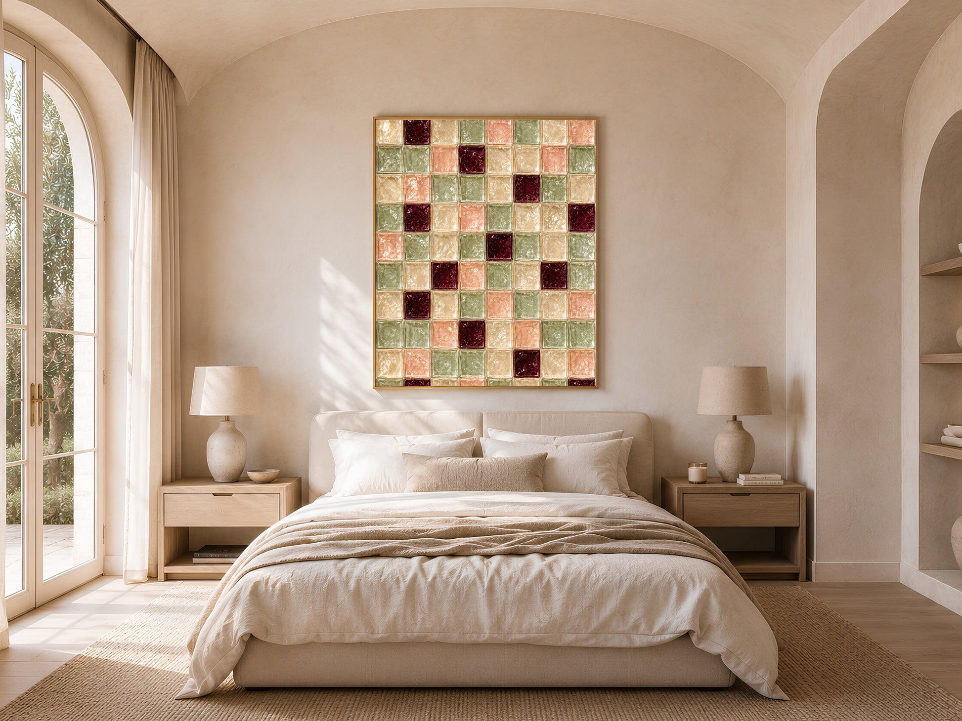Sage green tile art framed above a bed in a sunlit arched bedroom
