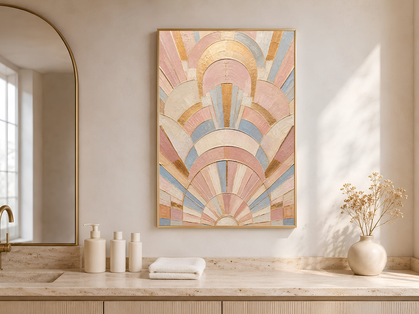 Pastel art deco arch print in gold frame in bright entryway with arched window and white ceramic vases
