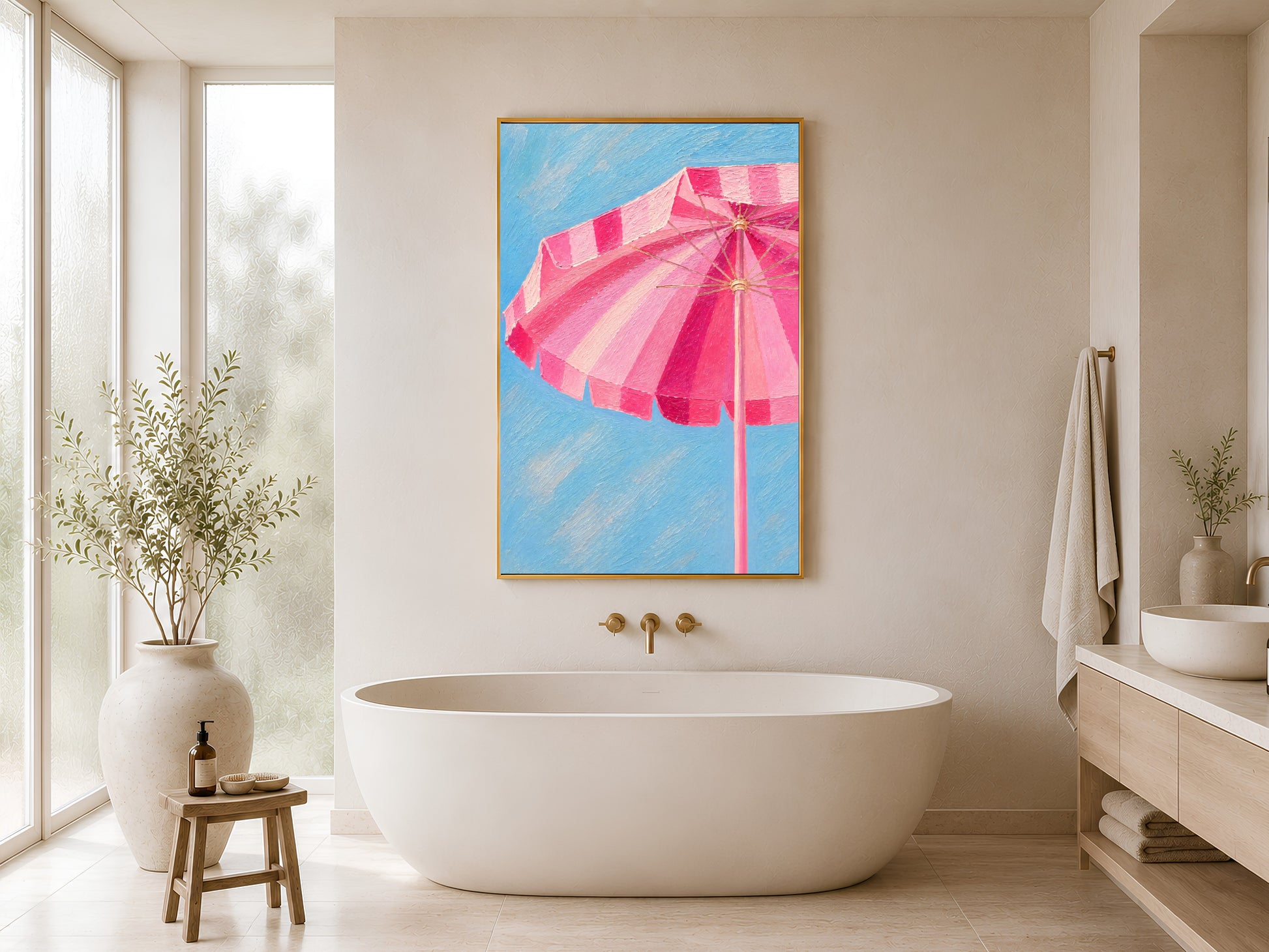 Pink coastal umbrella wall art printable hanging above a freestanding bathtub in a calming spa-inspired bathroom with Mediterranean-style decor.