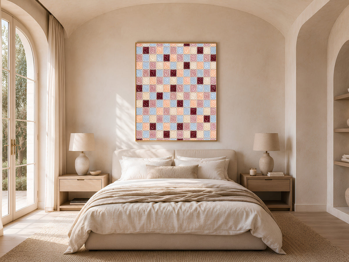 Peach blue mosaic wall art framed above a bed in a warm arched-window bedroom