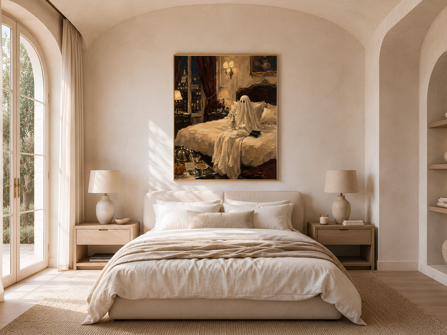 Bedroom with the luxury hotel Halloween print above a bed with white linens, framed by arched windows and wall sconces