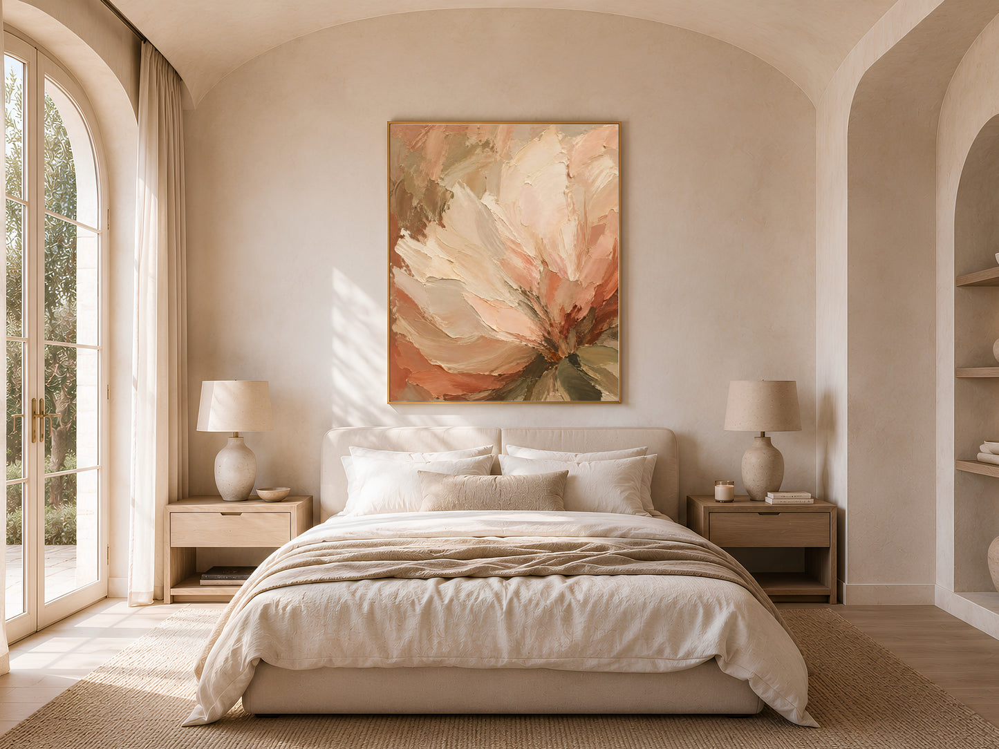 Terracotta peony wall art print framed above a bed in a light-filled arched bedroom