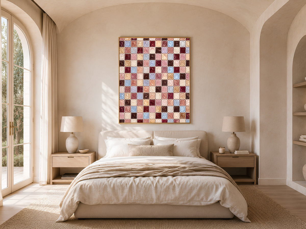 Burgundy mauve mosaic wall art framed above a bed in a bright arched-window bedroom