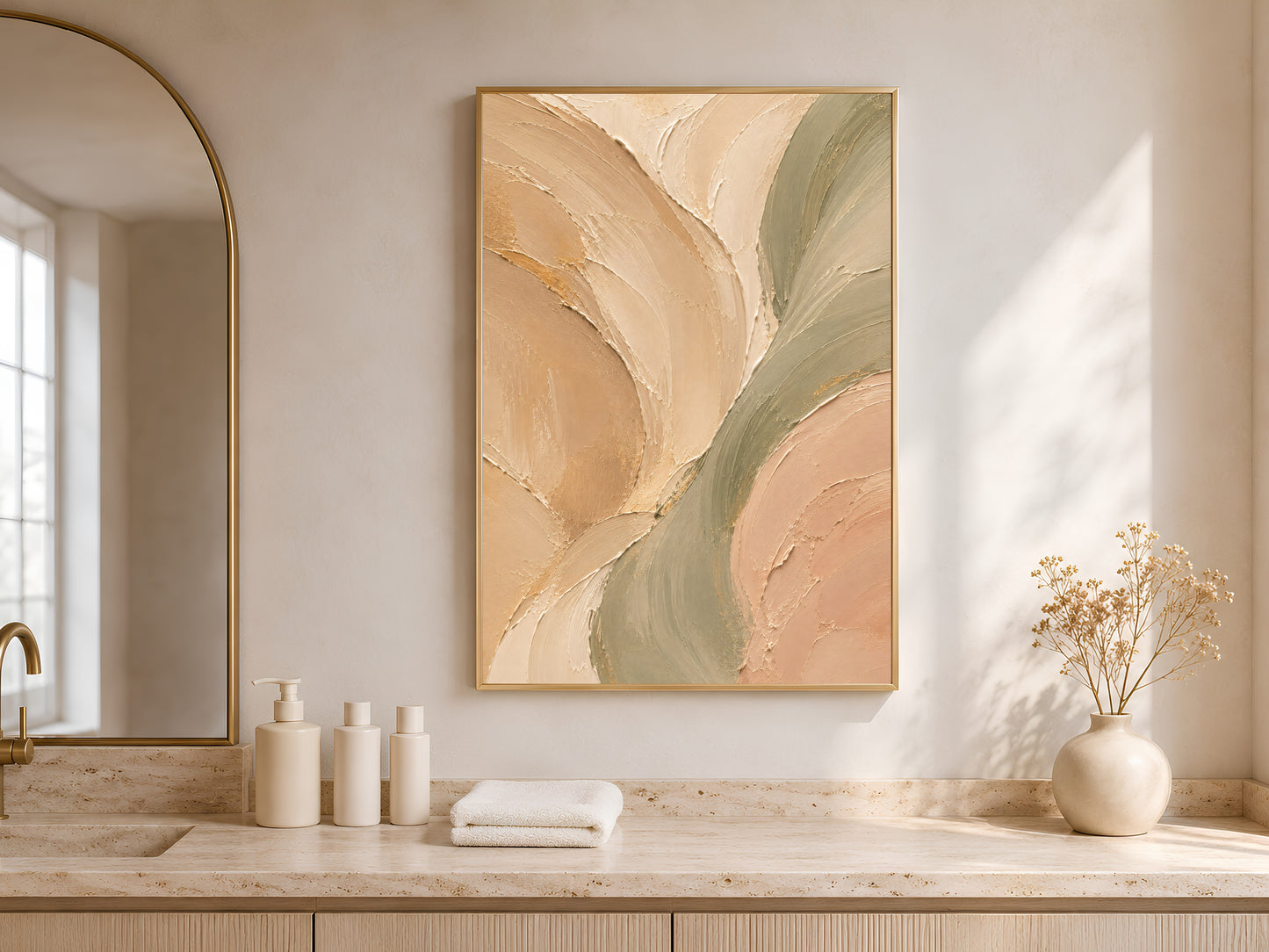 Sage green beige neutral abstract wall art in gold frame on travertine console table with white vases
