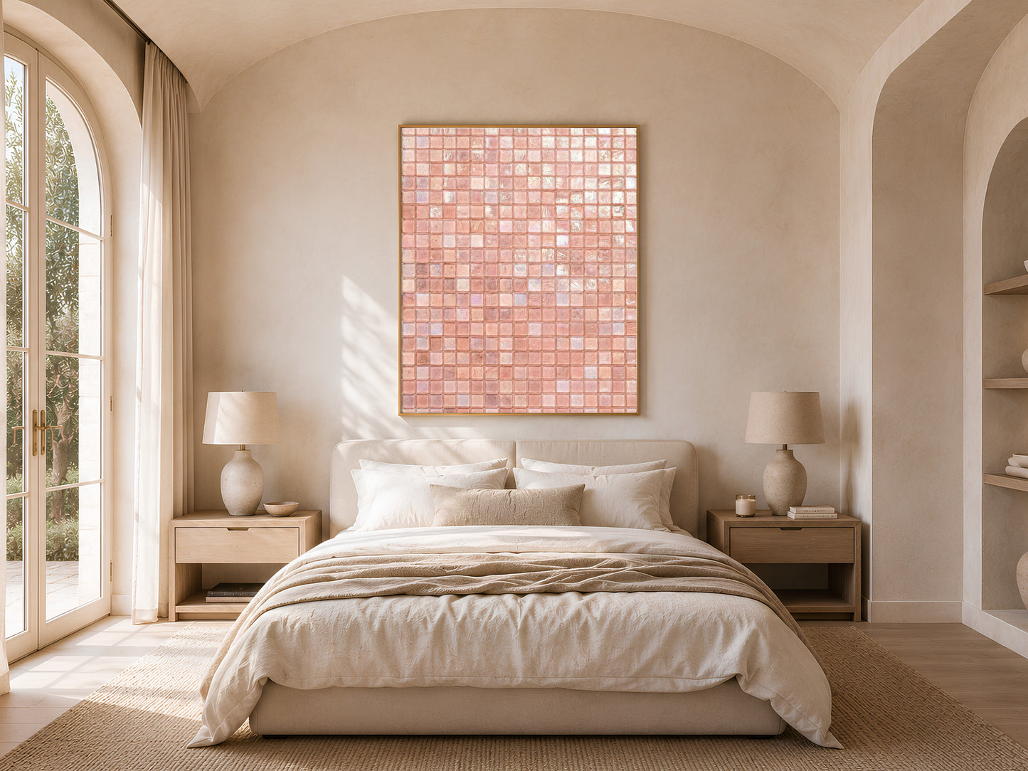 Pink glam wall art in a gold frame above a neutral bedroom bed, iridescent mosaic print with soft natural light
