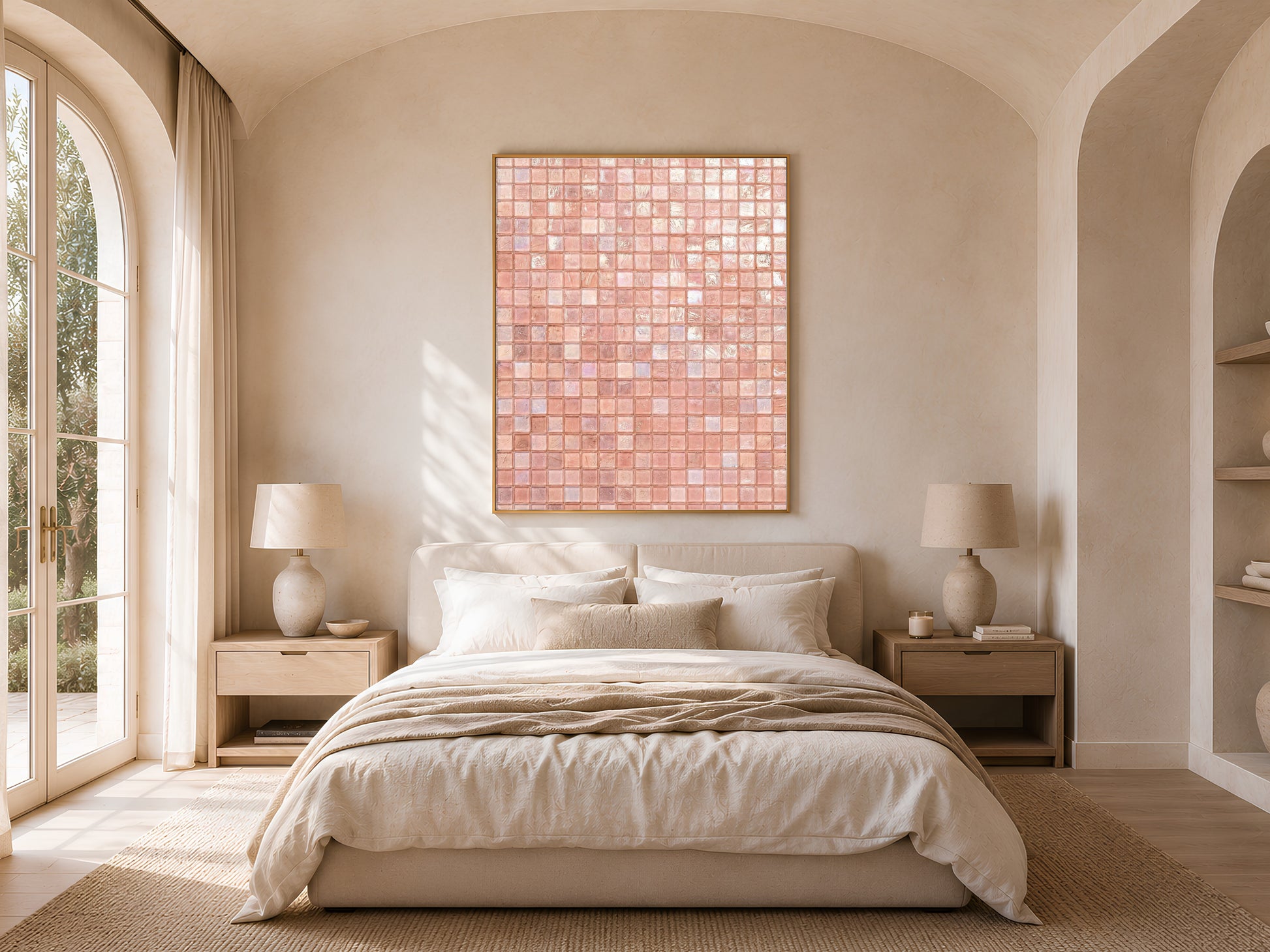 Pink glam wall art in a gold frame above a neutral bedroom bed, iridescent mosaic print with soft natural light
