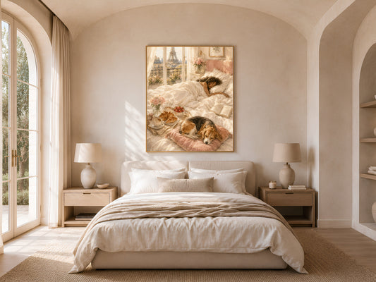 Framed Paris balcony watercolor print above a neutral bedroom headboard with bedside lamps
