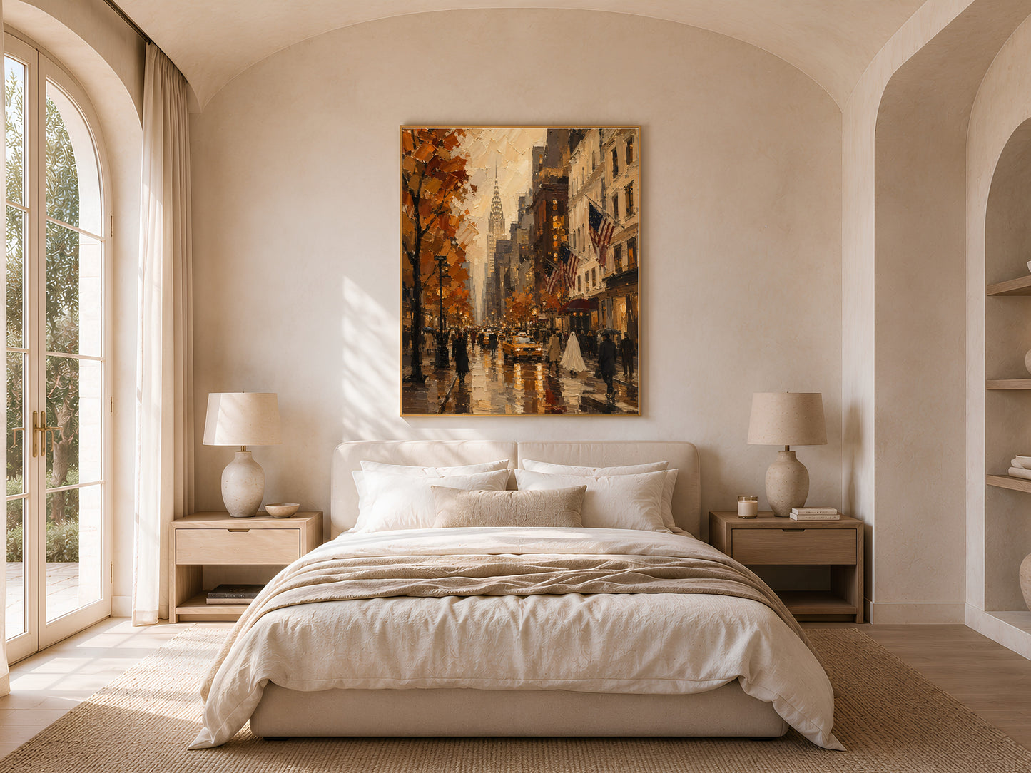 Bedroom interior with the New York City oil painting print hung above a nightstand beside an arched window and white linens
