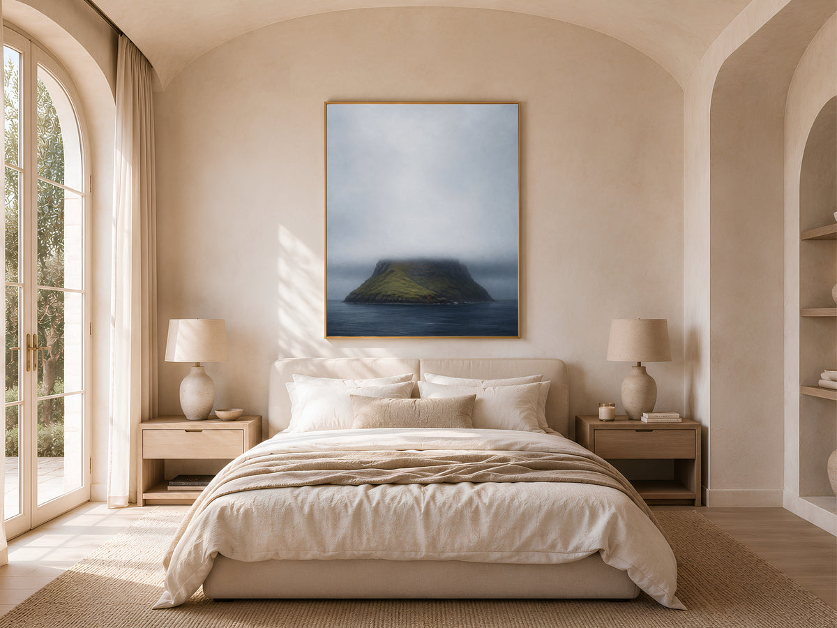 Faroe Islands wall art framed print above bed in neutral bedroom