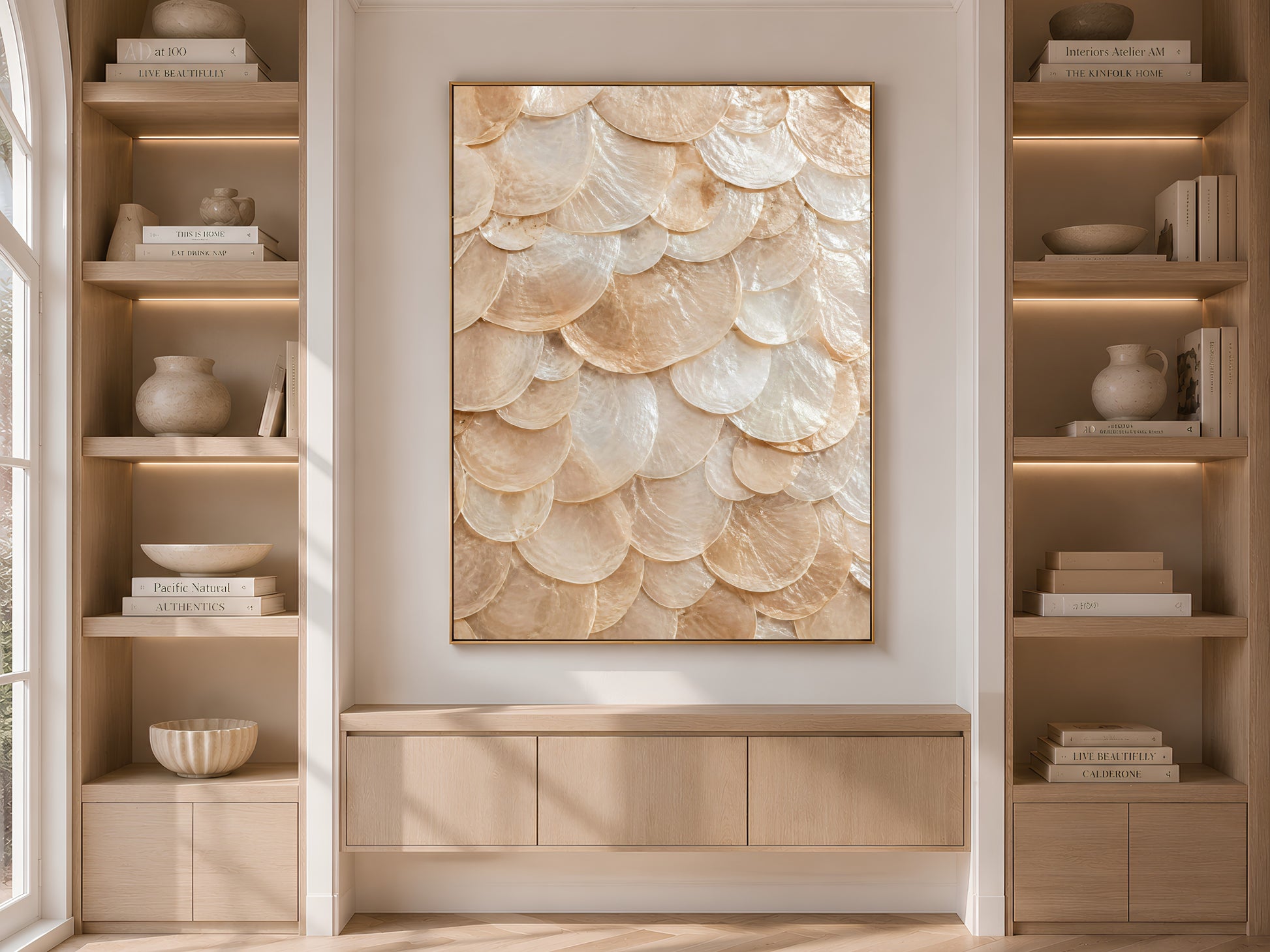 Framed capiz shell print displayed in a built-in bookshelf niche between styled shelves and a wood cabinet.