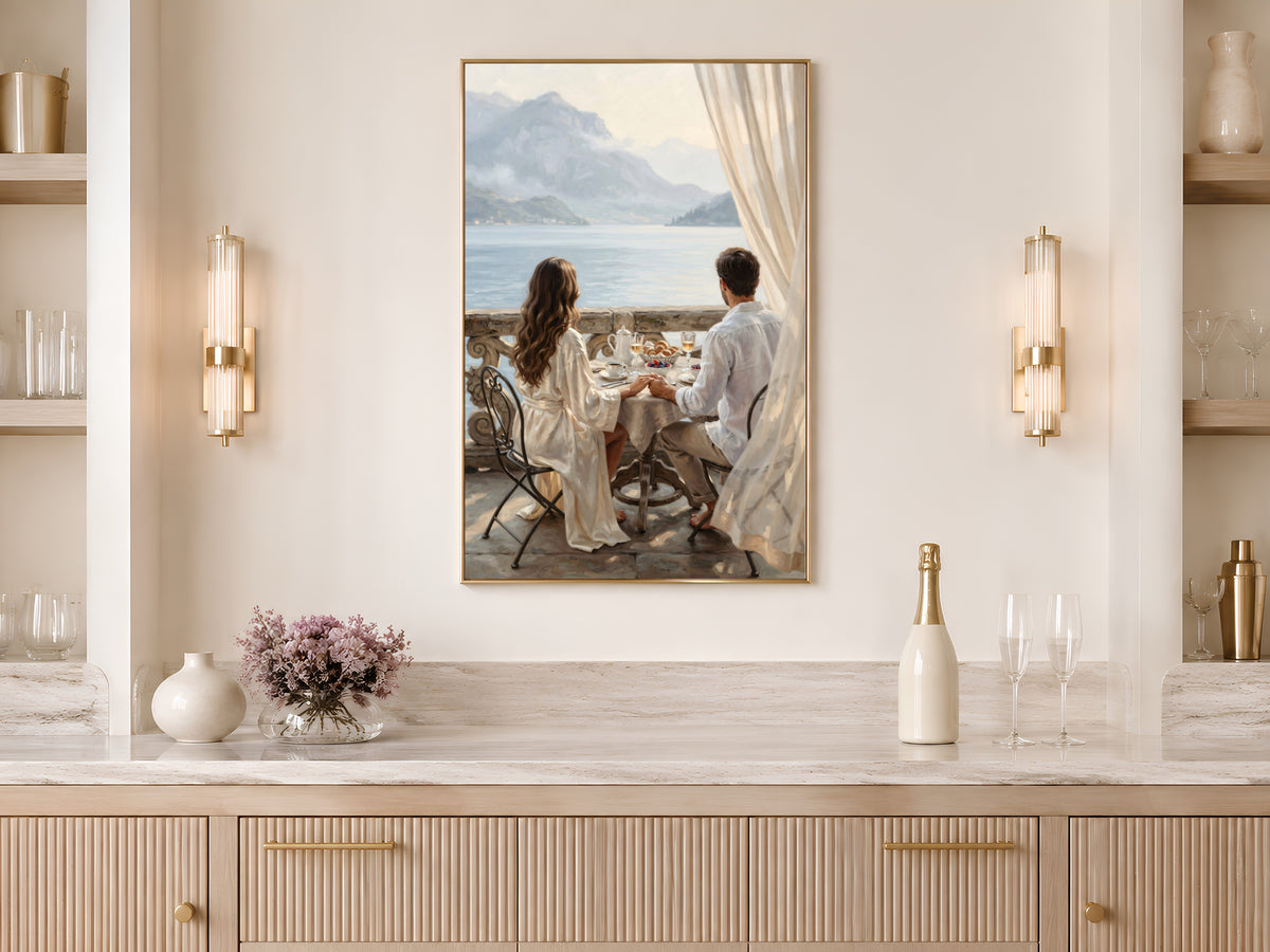 Lake Como Wall Art, Romantic Couple Breakfast Oil Painting Print - Digital Download