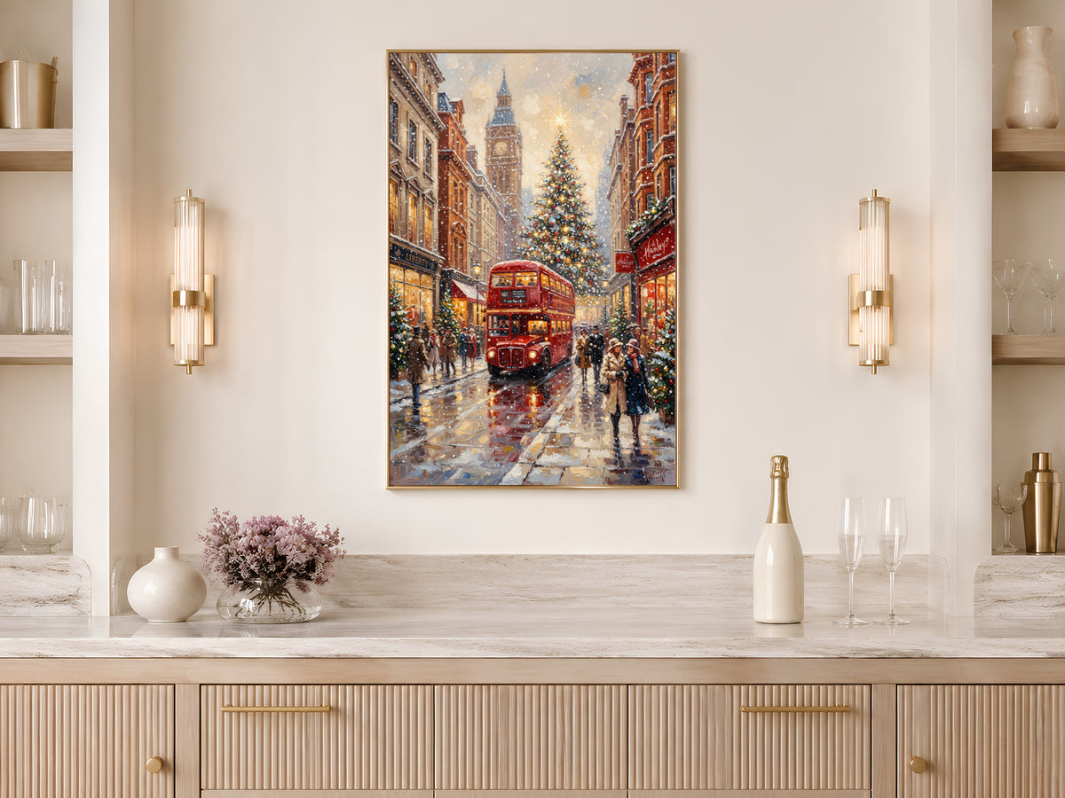 London Christmas Wall Art, Vintage Oil Painting Print - Digital Download
