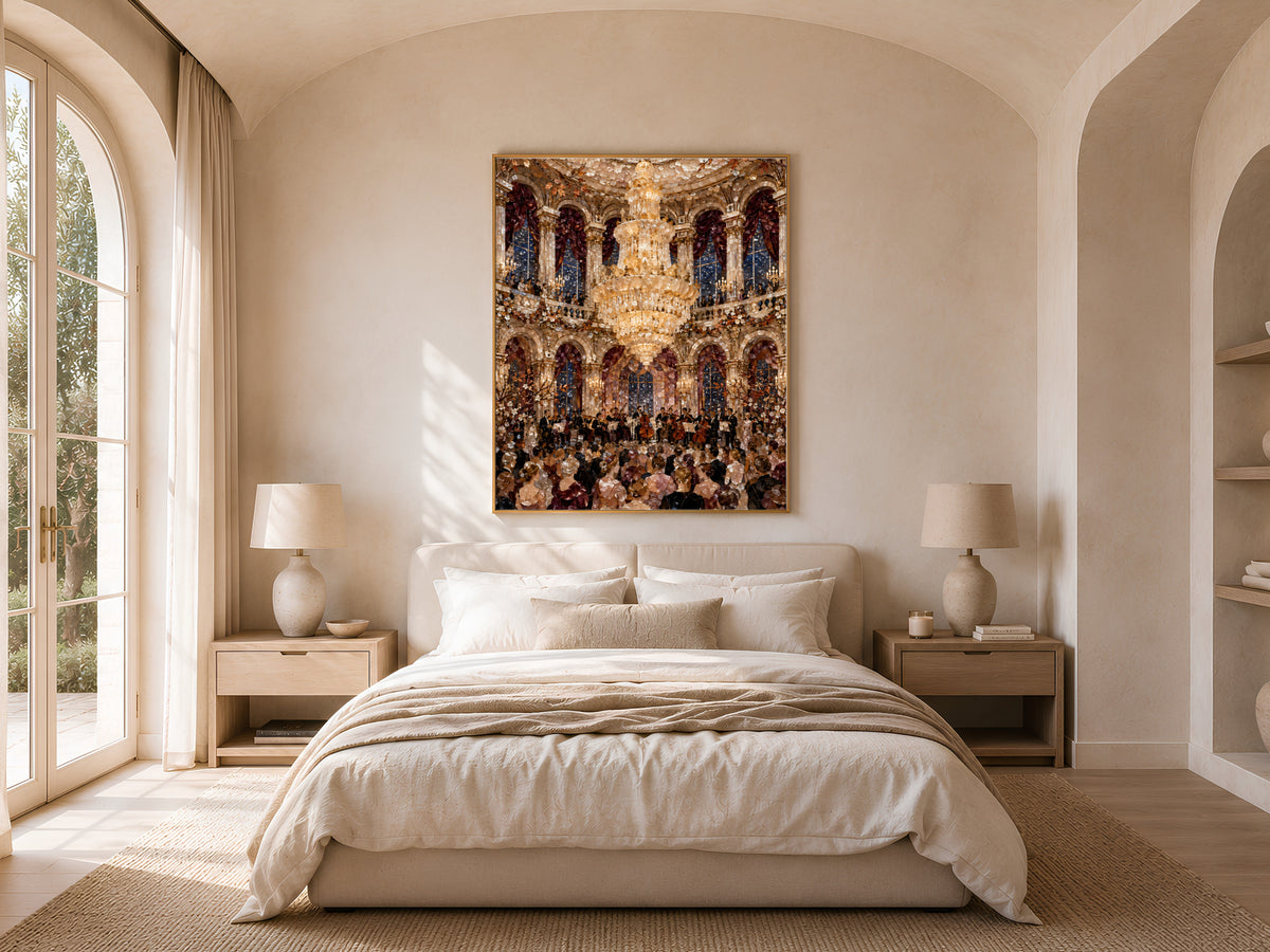 Grand ballroom chandelier print framed above a bed with cream linens in a sunlit bedroom