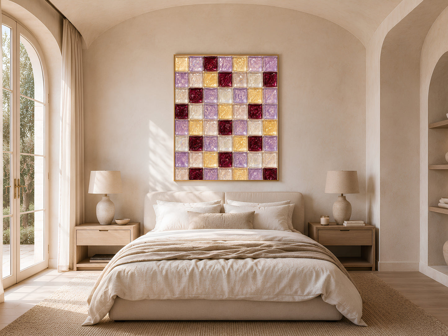 Lilac and gold tile art framed above a bed in a sunlit arched bedroom