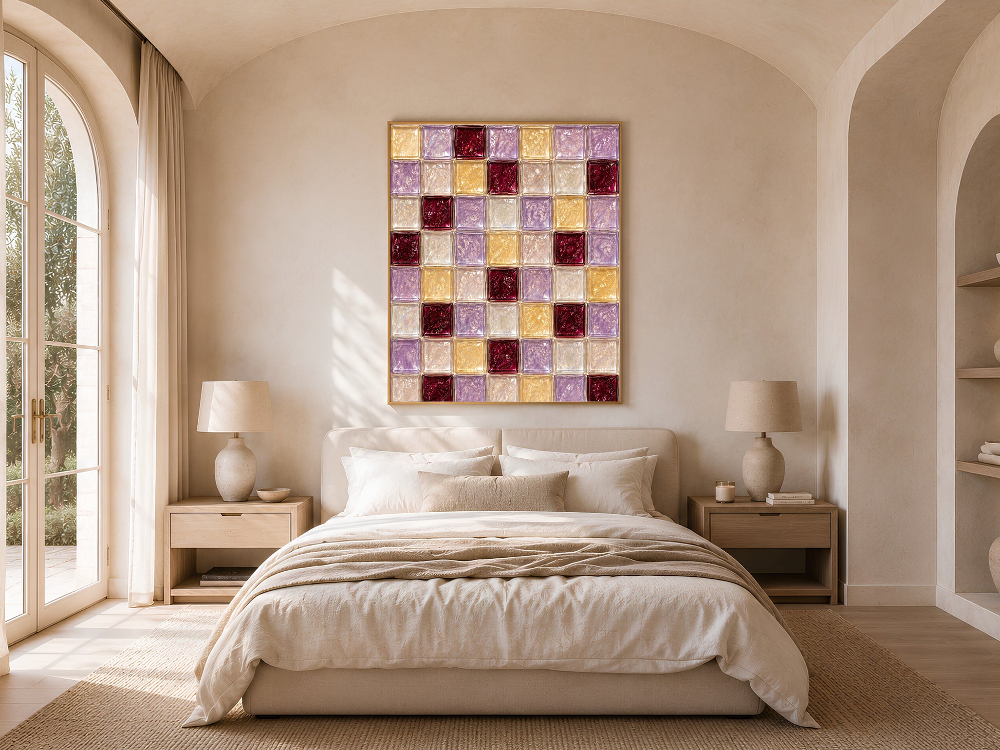 Lilac and gold tile art framed above a bed in a sunlit arched bedroom