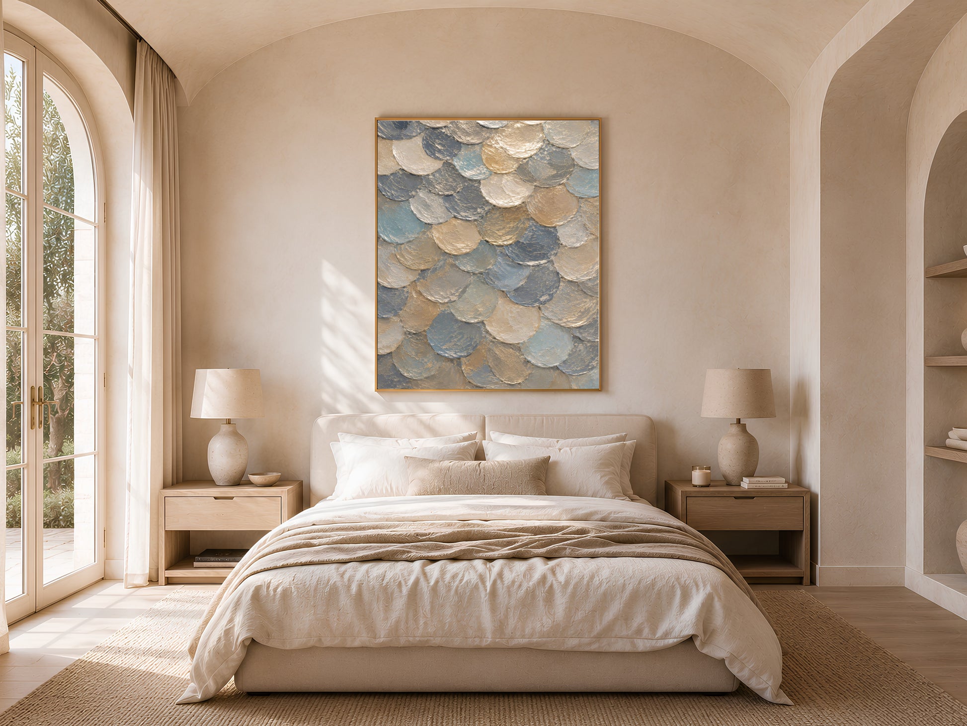 Framed capiz shell mosaic wall art above a neutral bedroom bed with arched windows