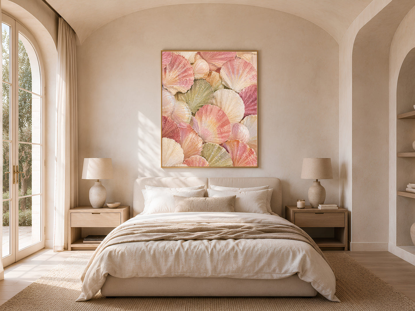 Scallop shell wall art hung in a sunlit bedroom with arched window, pastel seashell painting for coastal bedroom decor