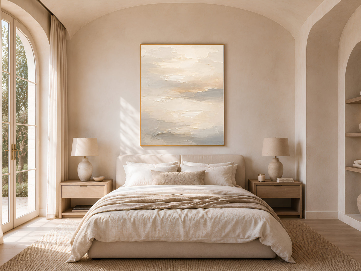 Neutral cream abstract wall art print framed above a bed in a light-filled arched bedroom
