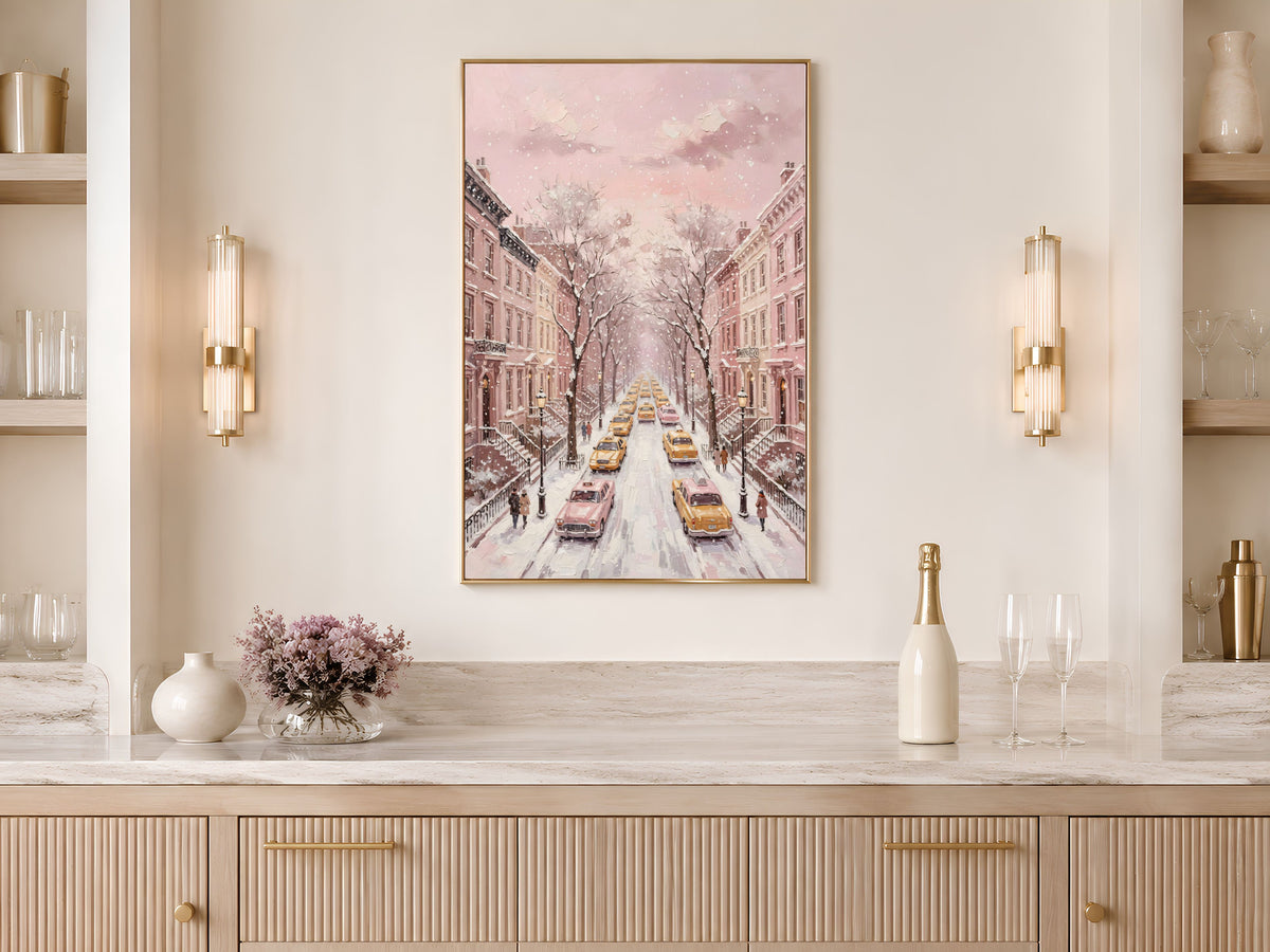 Pink NYC Taxi Wall Art, Snowy New York Street Print - Digital Download