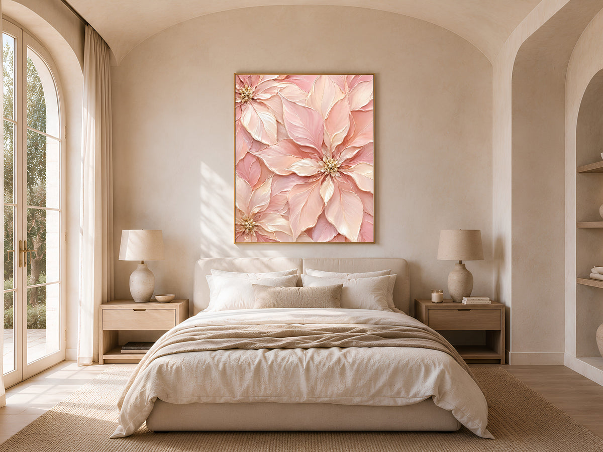 Gold floral holiday print above bed in sunlit bedroom with arched window