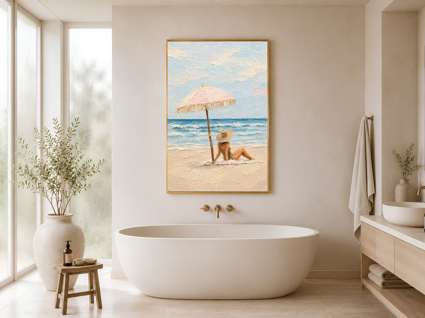 Framed beach scene impasto print hung on wall beside a freestanding white soaking bathtub in a minimal spa bathroom with warm neutral tones
