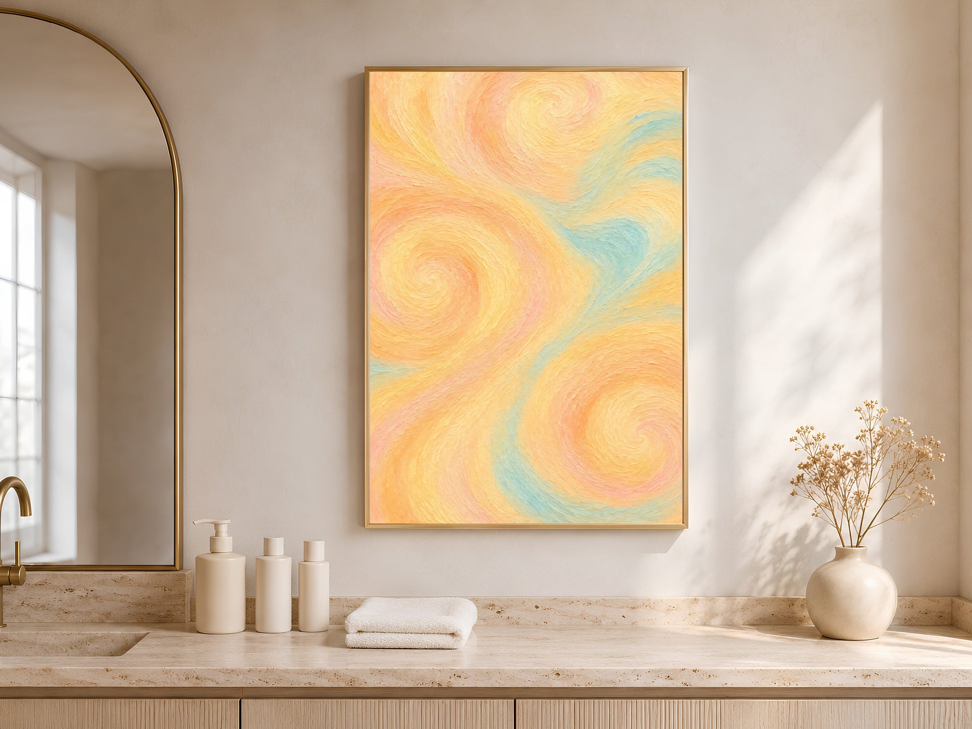 Butter yellow abstract swirl print framed in an arched bathroom nook
