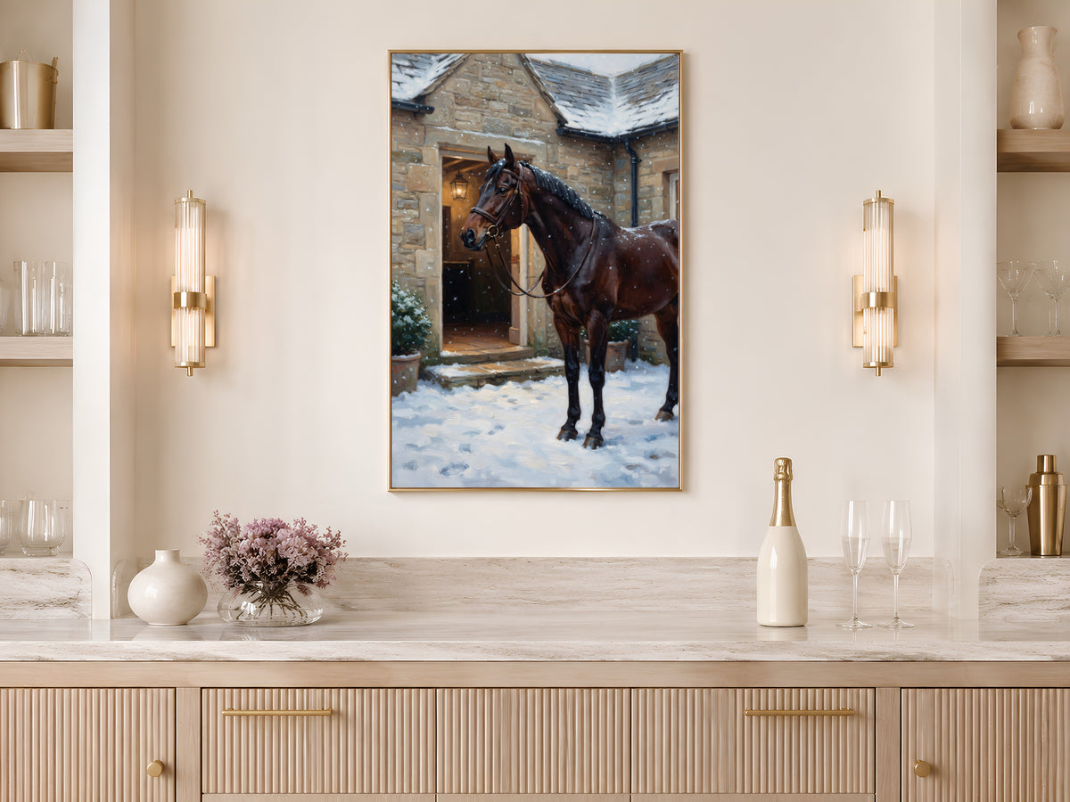 Equestrian Wall Art, Horse in Snow Oil Painting Print - Digital Download