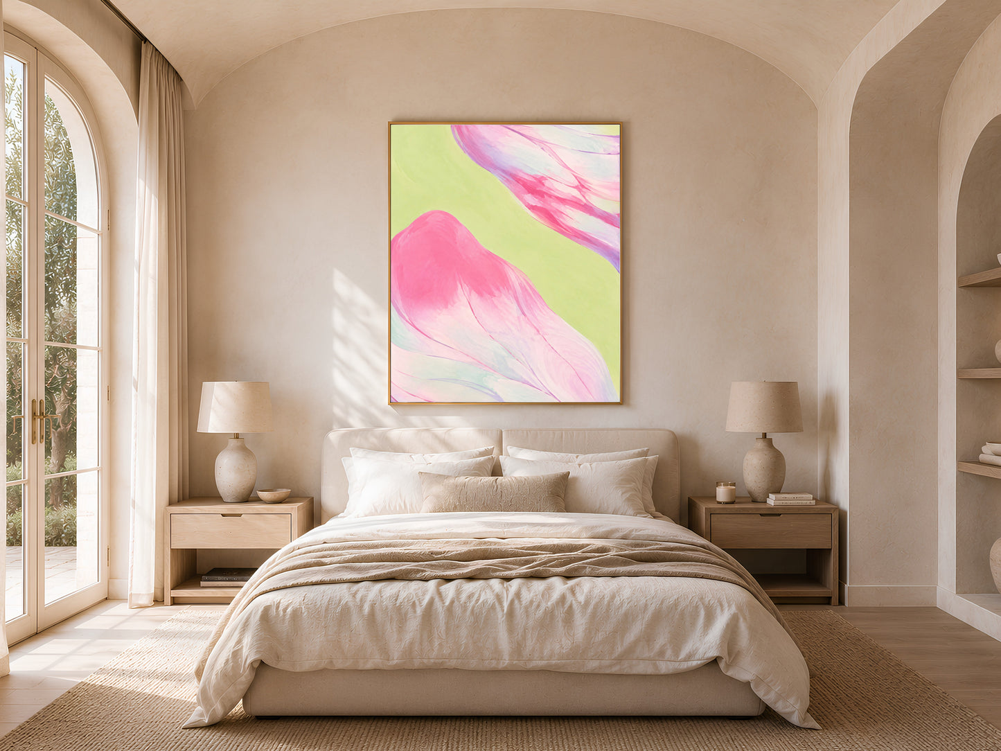 Pink and purple abstract art above bed, maximalist neutral bedroom decor mockup