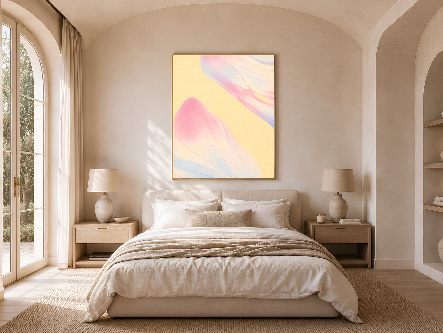 Pastel gradient wall art above bed, gender neutral nursery bedroom decor mockup