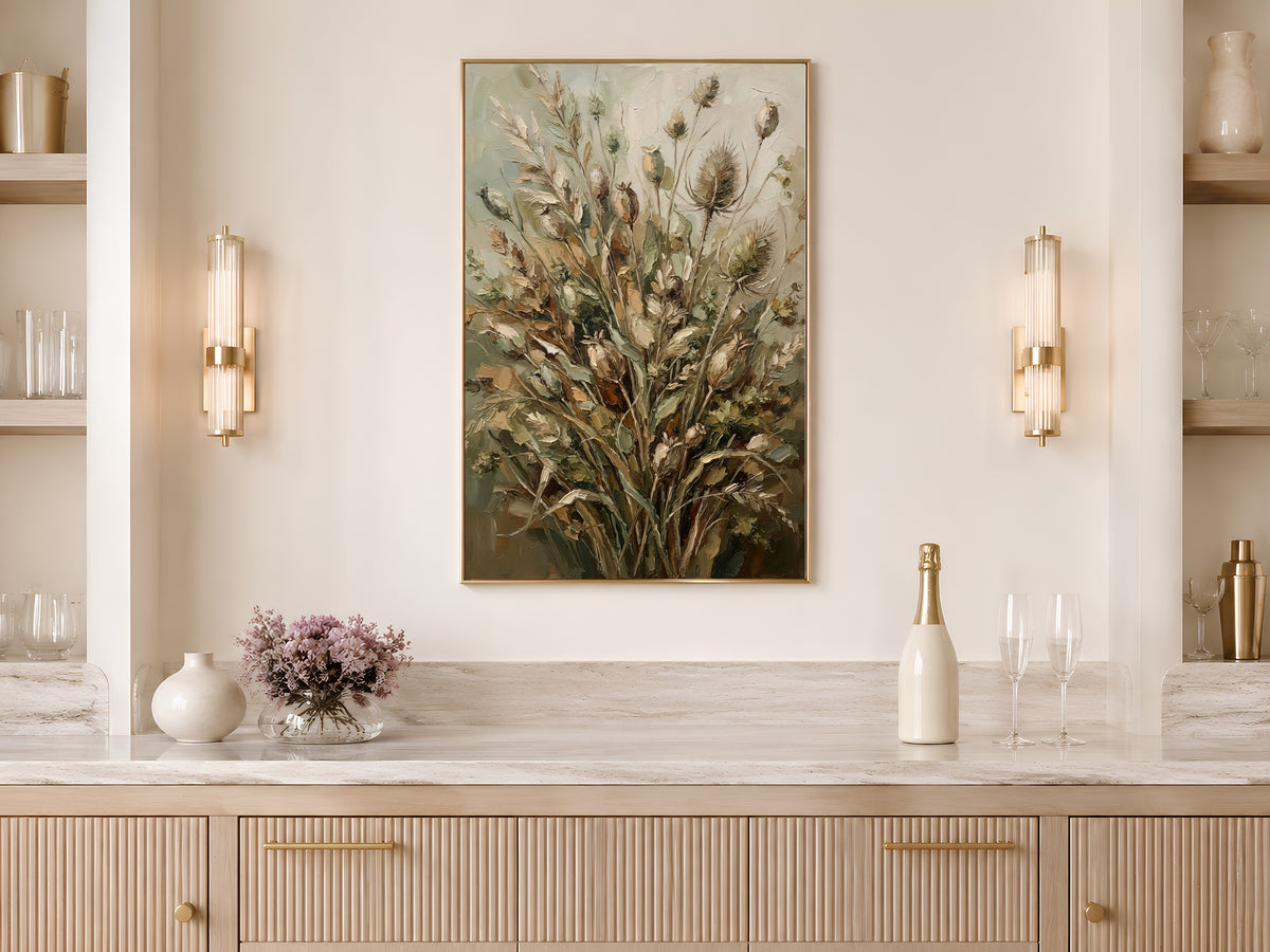 Dried Botanical Wall Art, Sage Green Impasto Oil Painting - Digital Download