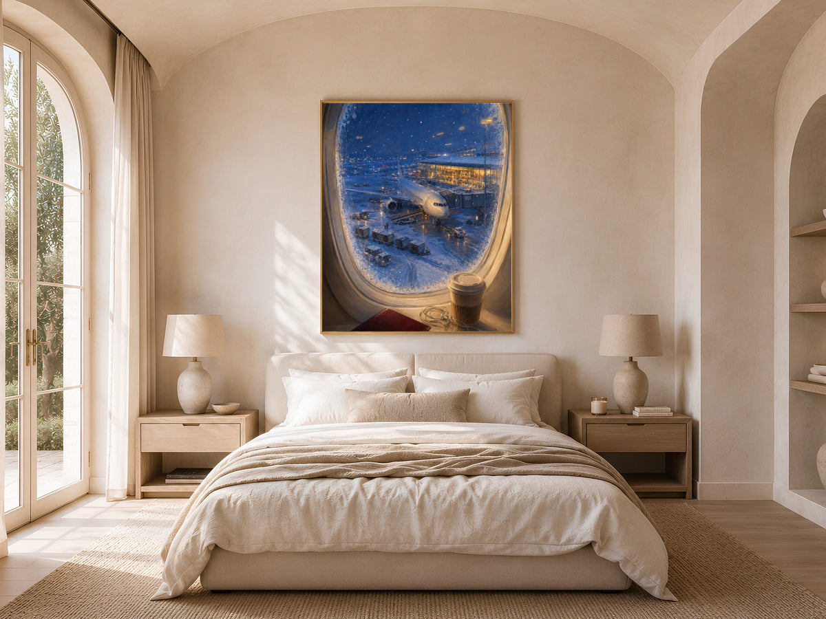 Airplane window art framed above bed in sunlit bedroom with arched window