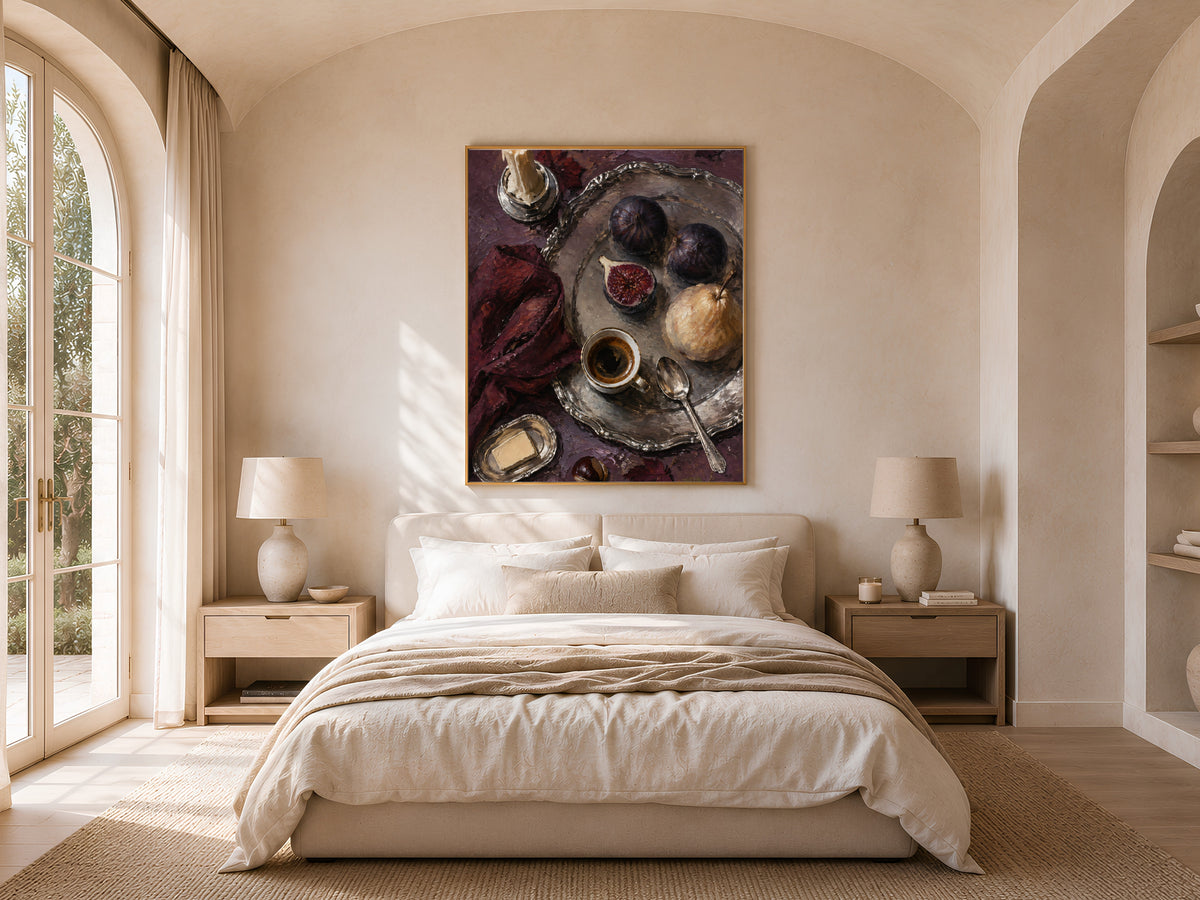 Fig still life wall art framed above bed in warm neutral arched bedroom decor